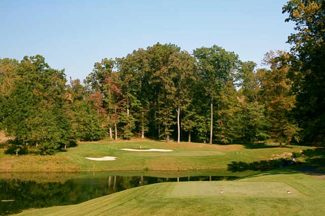 The par-3 ninth hole at Virtues Golf Club features a devilishly small and shallow green.