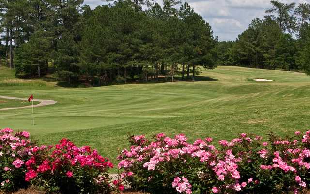 A view of a hole protected by flowers at Oaks Course