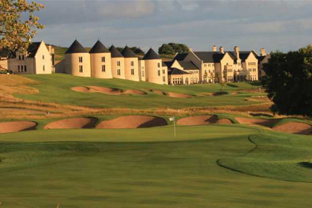 A view of the 16th green protected by a collection of bunkers at Faldo Championship Course from Lough Erne Resort