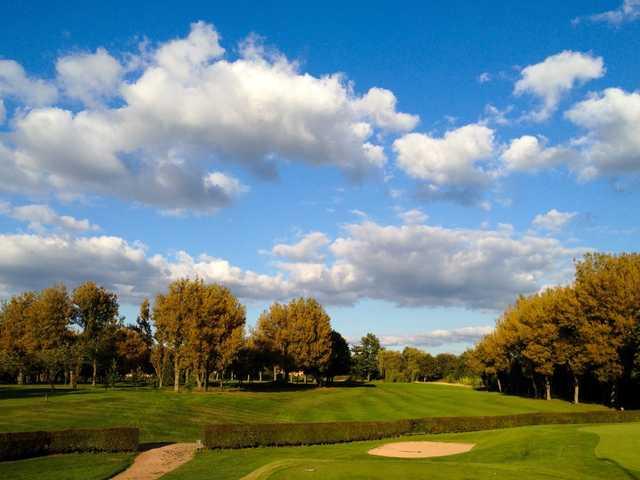 The 18th fairway and bunkers at Heaton Moor Golf Club