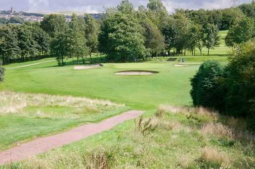 Bunkers surround the 6th green at Crompton & Royton Golf Club