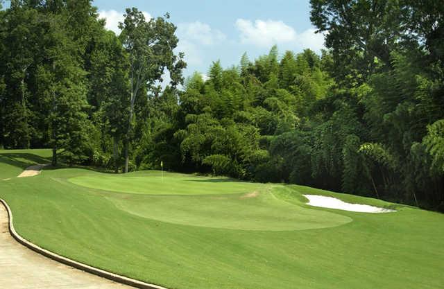 View of a green and bunker at Charlie Yates Golf Course