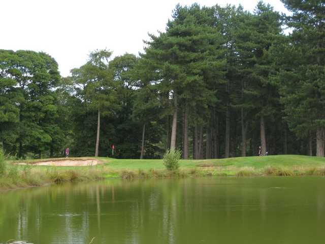 A view of the 7th green accompanied by bunkers and water hazards at Bewdley Pines Golf Club