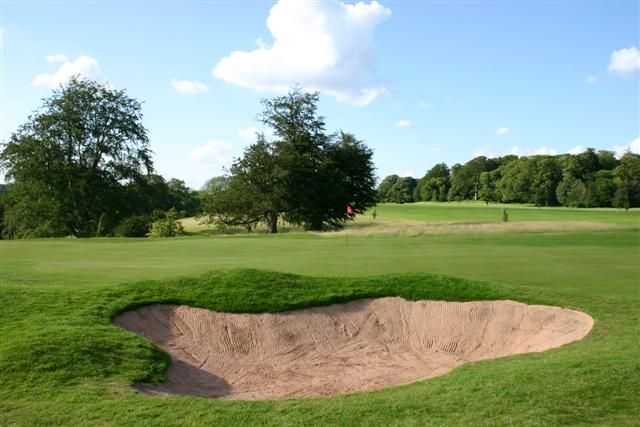 Large bunker protecting the green at Stoke Rochford Golf Club