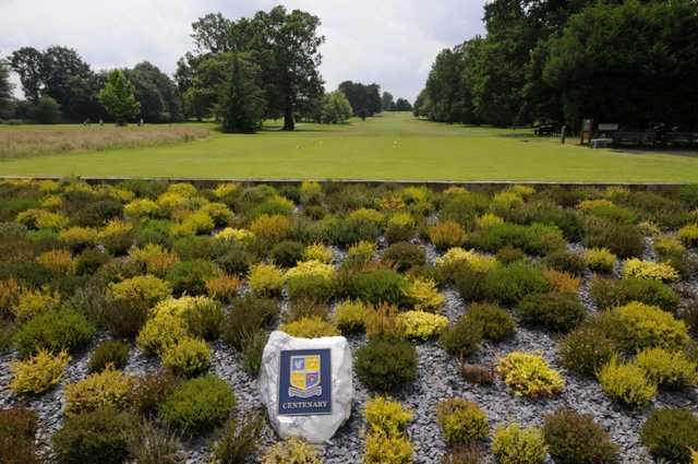 Beautiful view of the 1st hole and Centenary Flowerbed Stone at Shirley Park Golf Club 