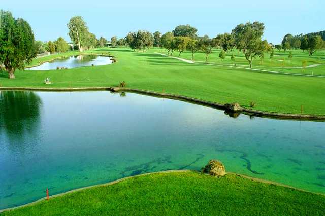 View of a fairway and green at Poplar Creek Golf Course