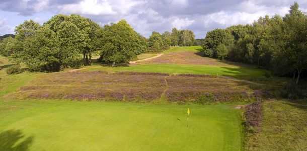 Magnificent fairway split with purple heather and grass on the 4th at Piltdown