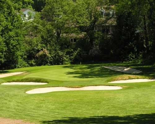 Green heavily surrounded by bunkers at Cardiff Golf Club