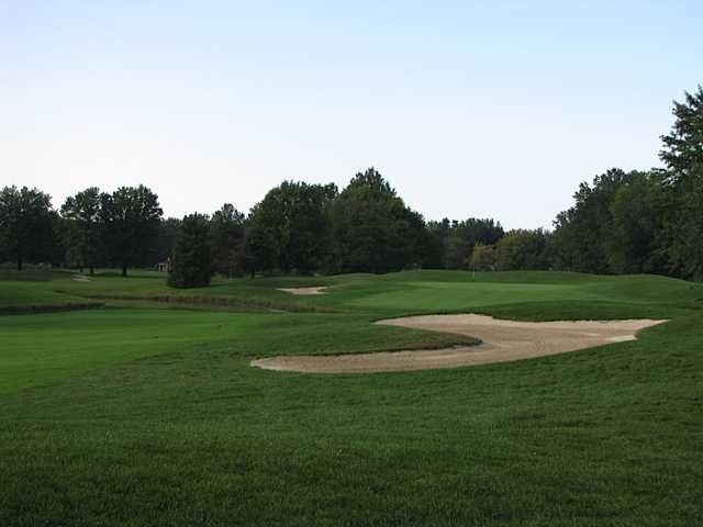 View of a bunkered green from the Legacy Course at Sweetbriar Golf & Pro Shop