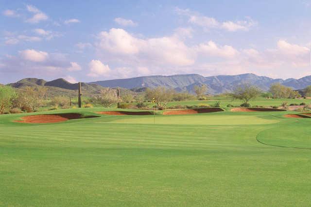 View of the par-4 18th hole at Dove Valley Ranch Golf Club