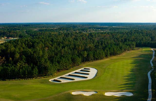 Aerial view of the 17th tees and bunkers at Eagle Landing Golf Club