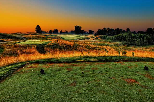 The 15 hole at Purgatory Golf Club just after sunrise from the tees.