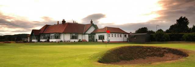 View of green #18 and the clubhouse at Scotscraig Golf Club