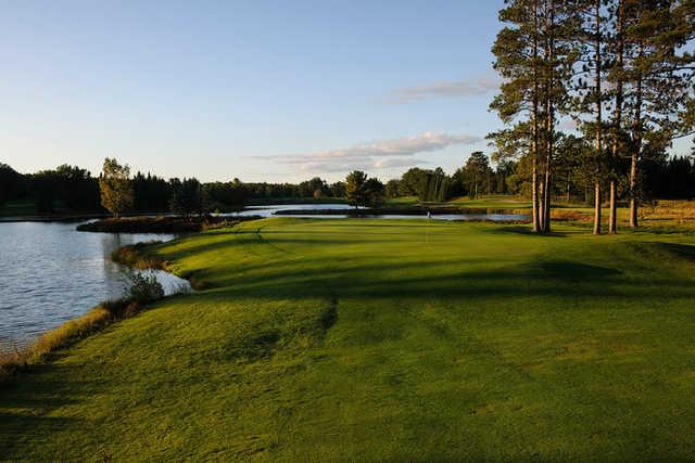 A view of the par-3 12th hole on the Monarch golf course at Garland Lodge & Golf Resort.