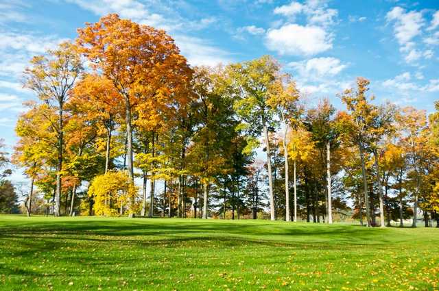 A fall view of green #10 from The East at Forest Akers Golf Course