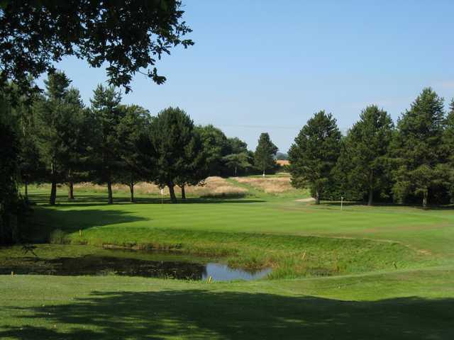 A scenic view of the 17th green and pond at Mile End Golf Club