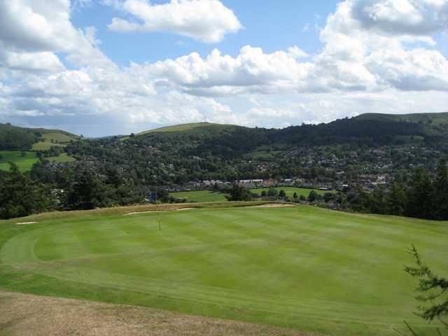 A view of the picturesque 1st green at Church Stretton Golf Club 