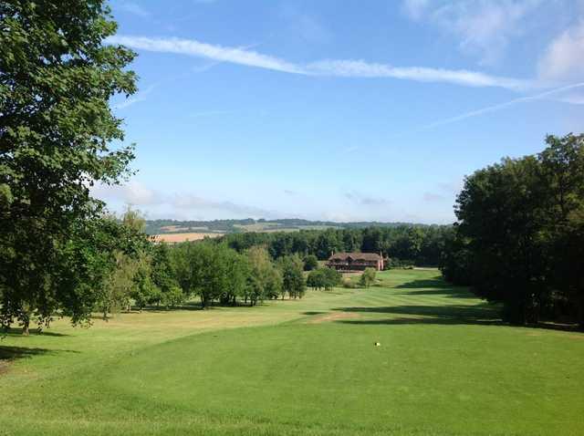 Stunnning view from the 9th tee looking down the fairway with views of the clubhouse at Westerham Golf Club