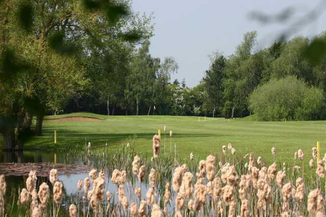 View of a green and pond at Weston Turville Golf Club