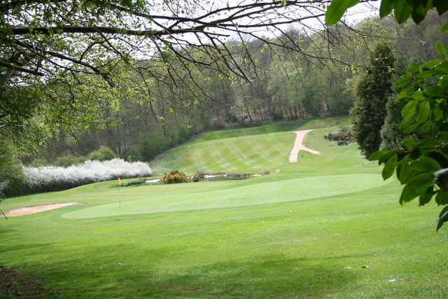 A shot of the tree lined green at the Hazlemere Golf Club