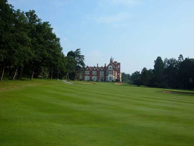 The elegant clubhouse seen from the 18th hole at Finchley