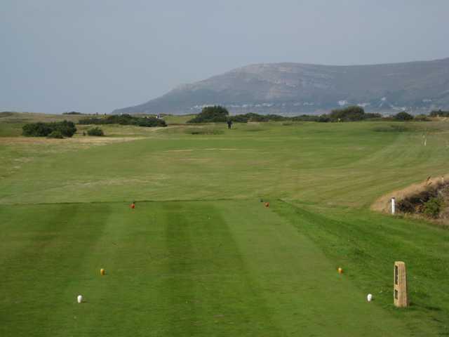 Picturesque view of the 1st tee overlooking the Conwy mountain at Conwy Golf Club