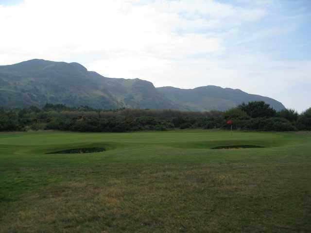Scenic view of the 17th green and beautiful Conwy Mountain at Conwy Golf Club