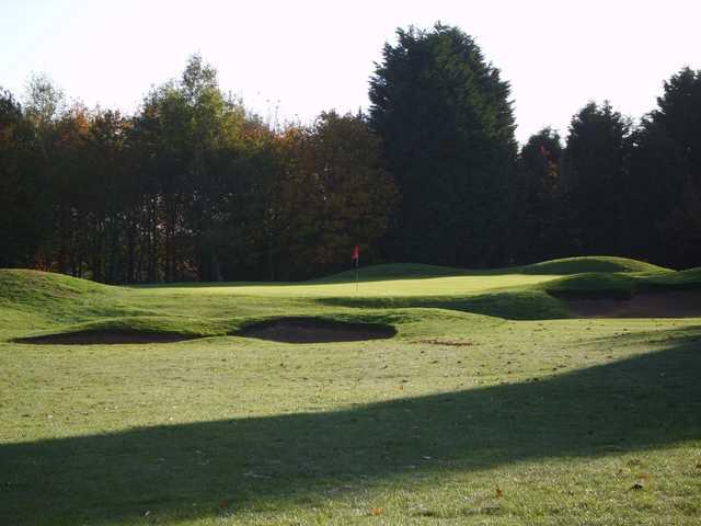 The approach to the 17th green surrounded by sandtraps on the West Berkshire Golf Course