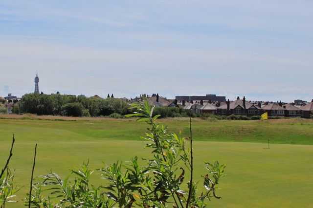 Green with Blackpool Tower in the distance at Blackpool North Shore Golf Club