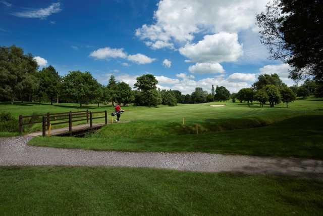 View across the bridge to the 12th hole at Tytherginton Golf Club