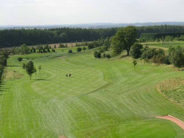 An aerial view of the course showing the tee to the pin
