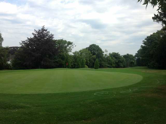 View of the 10th green and surrounding trees at Coulsdon Manor Golf Club