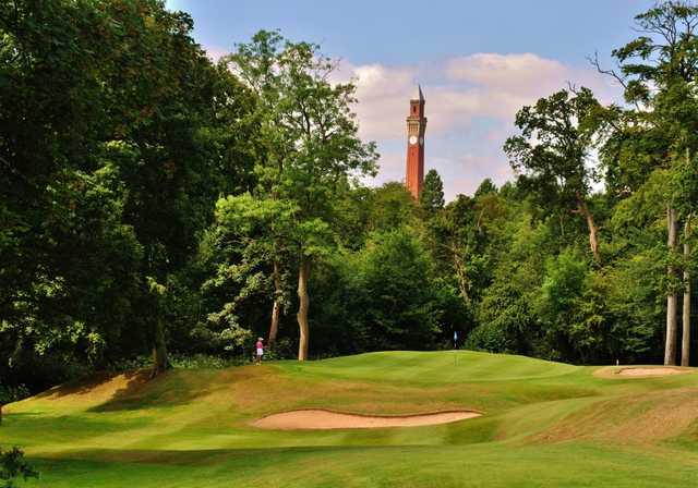 1st green with clock tower in view at Edgbaston Golf Club