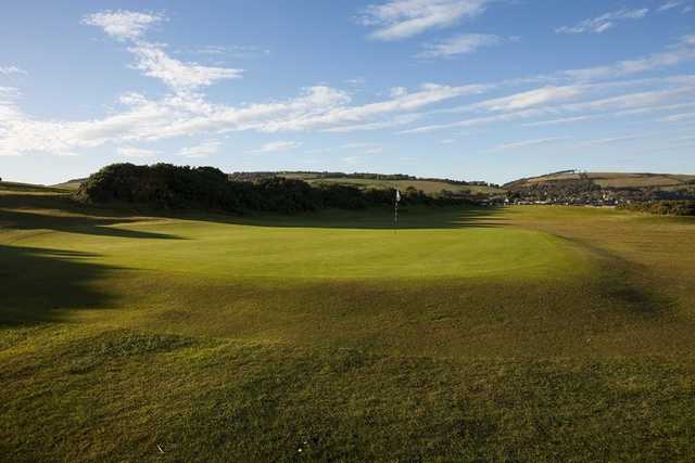 The sloping 1st hole known as 'Fort George' at Fortrose and Rosemarkie Golf Club