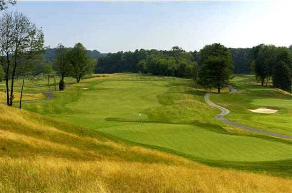 Looking back from a green at Hudson Hills Golf Course