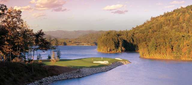 A view of a hole surrounded by water from The Cliffs At Keowee Vineyards
