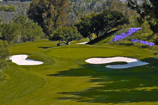 A view of a green with bunkers on sides at Pala Mesa Resort