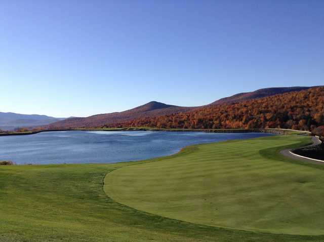 A fall view of a fairway from The Mountain Course at Spruce Peak