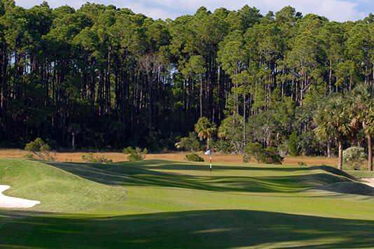 A view of a green protected by bunkers from Heron Point at Sea Pines Resort