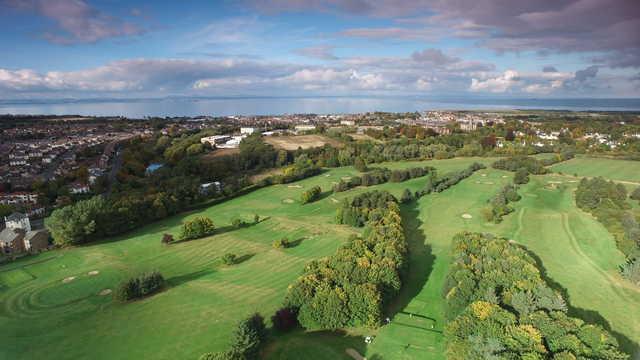 From left to right aerial view with holes no. 1, 18, 17, 7 at Musselburgh Golf Club