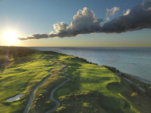 Aerial view of the 2nd and 7th holes on the Links nine at Bay Harbor