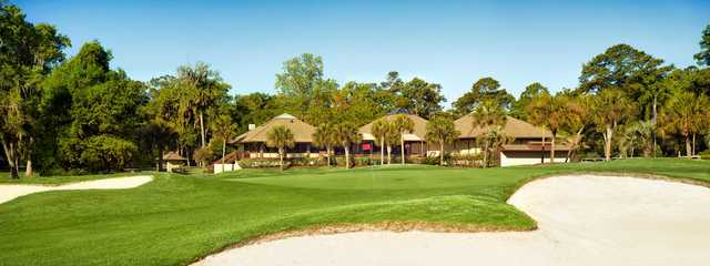 A view of a green protected by sand traps at Galleon from Shipyard Golf Club