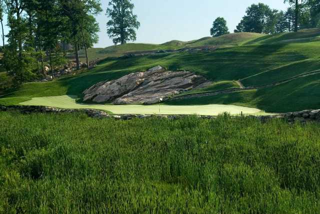 A view of the 15th green named "Headstone" at Pound Ridge Golf Club