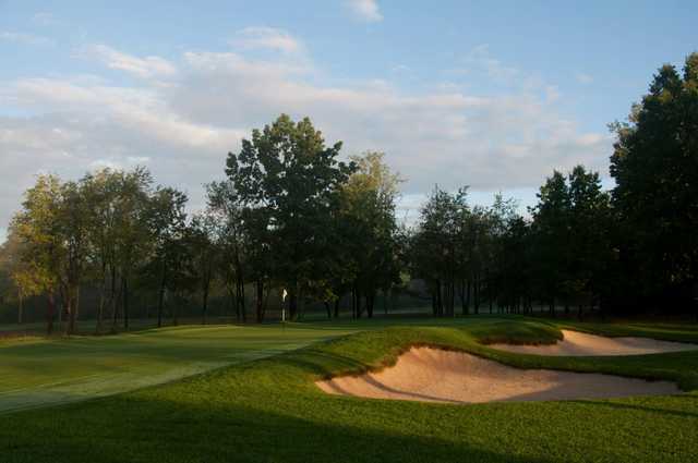 A view of a hole protected by bunkers from  Warren Golf Course At Notre Dame