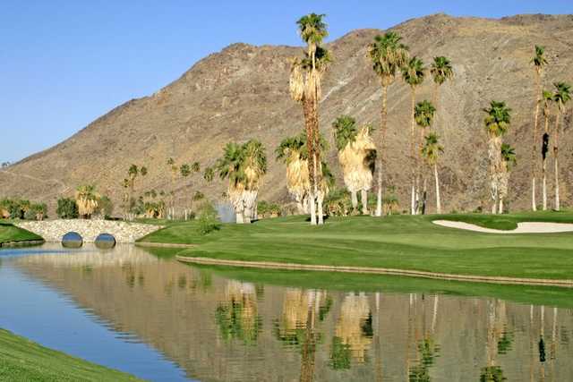 A view of the bridge to the 9th hole at South Course from Indian Canyons Golf Resort.