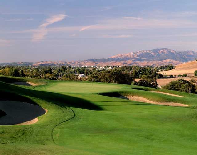 A view of green #12 surrounded by bunkers at Callippe Preserve Golf Course.