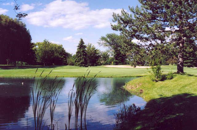 A view of a green with water coming into play at Villa Olivia Country Club