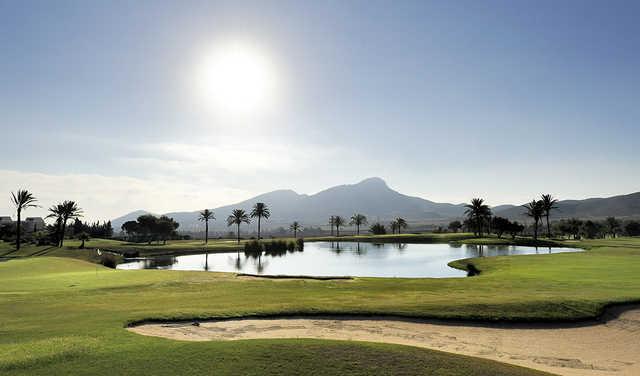 A view of a green with water coming into play at La Manga Club Golf Resort