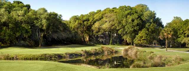 A view of a green with water coming into play at Robber's Row from Port Royal Golf Club