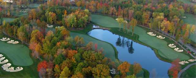 Aerial view of the 18th and 9th holes at Thundering Waters Golf Club